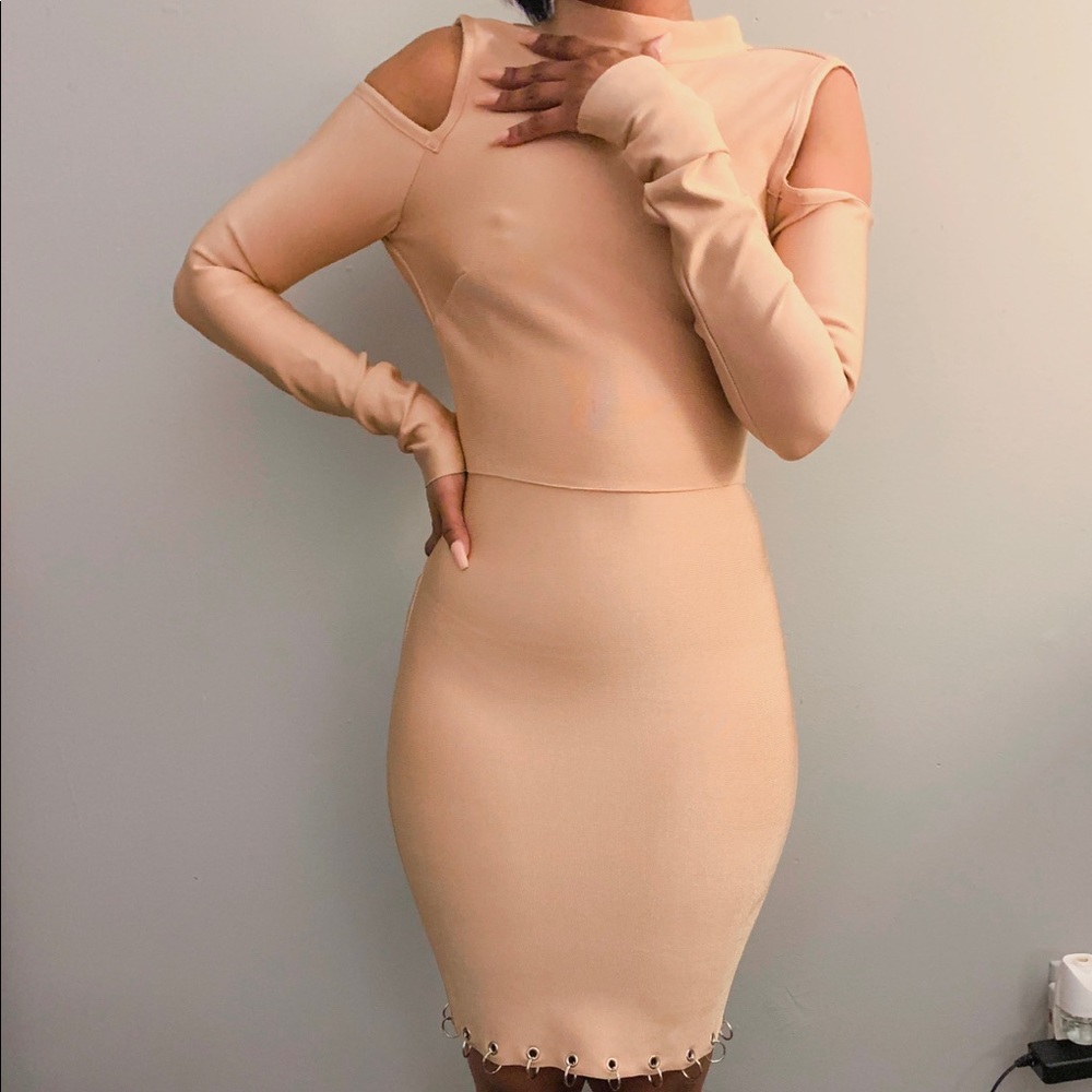 Tan/ nude cold shoulder dress - rayon/ spandex